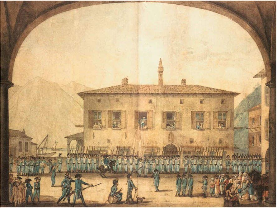 Volontari Luganesi in Piazza Grande (l'attuale Piazza della Riforma), Rocco Torricelli, ca. 1800